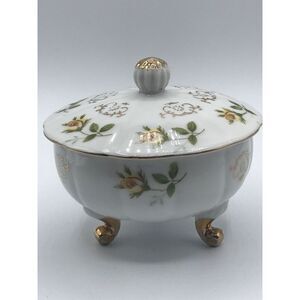 Lefton Candy Dish Yellow roses Porcelain Footed Lid MV-1844‎